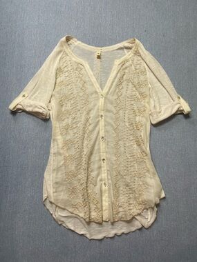 Anthropologie Embroidered Silk Cotton Button Down Boho Blouse Size L